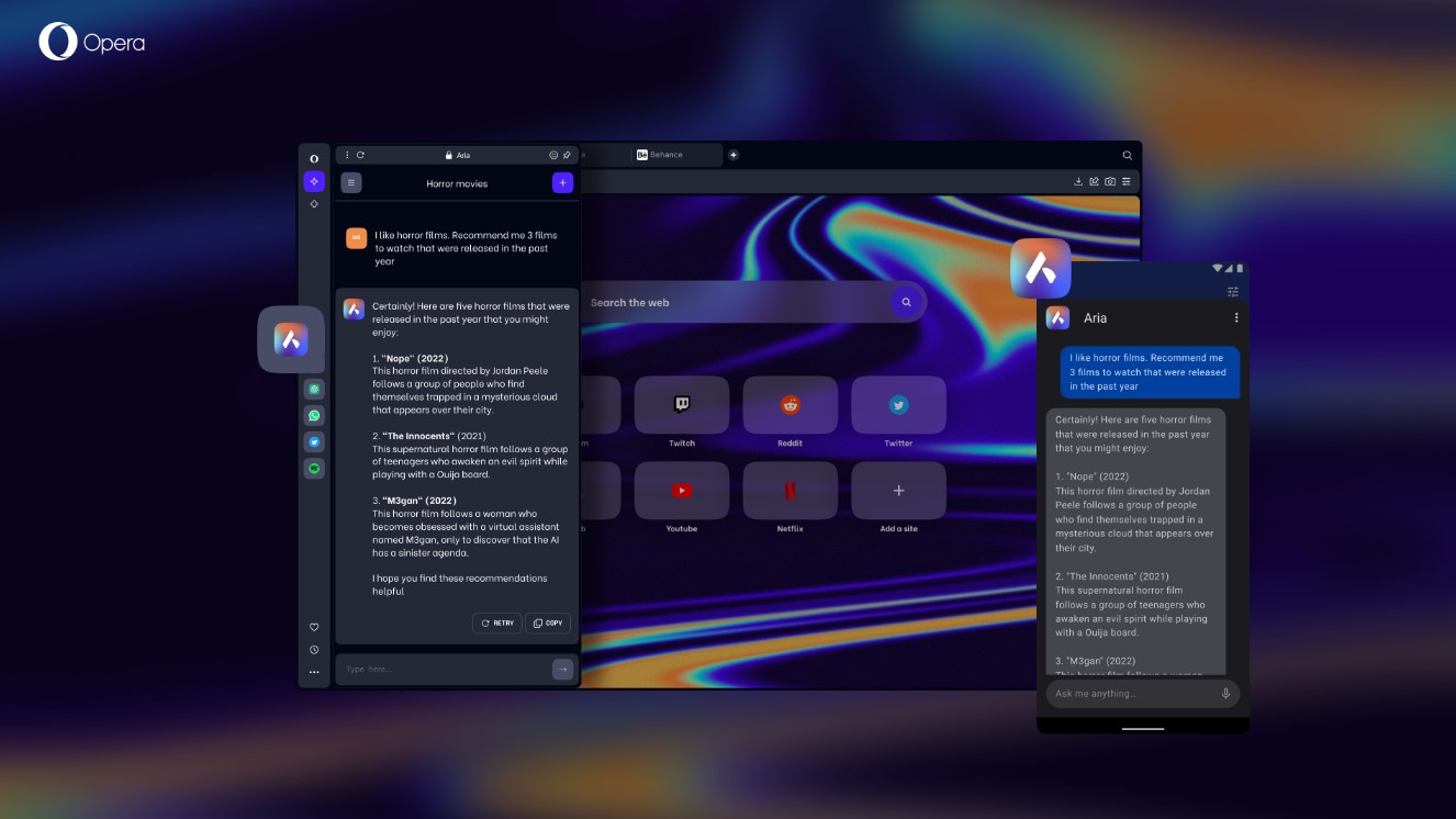 Aria to zupełnie nowe AI w przeglądarkach Opera i Opera One!
