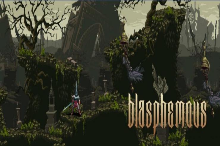 Krwawe i mroczne Blasphemous z kartą gry na platformie Steam