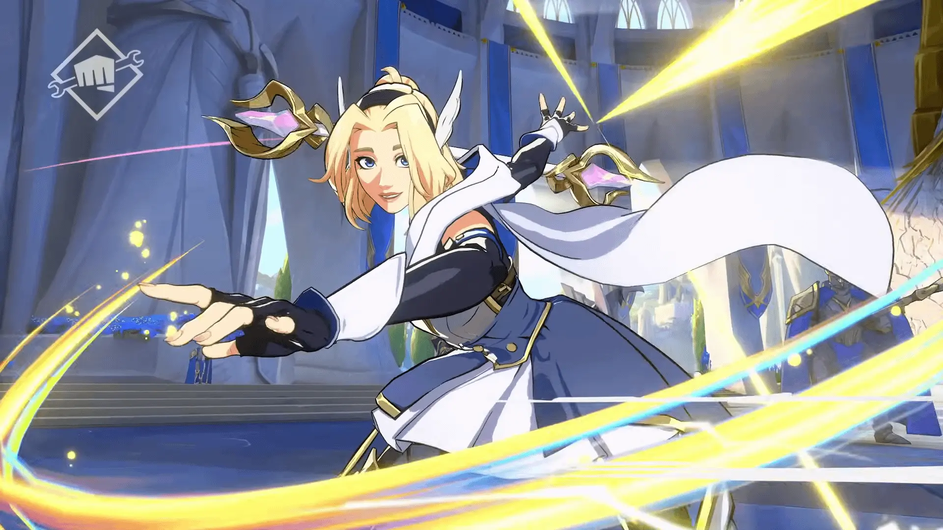 Lux from 2XKO using a light-based attack in a blue and white outfit