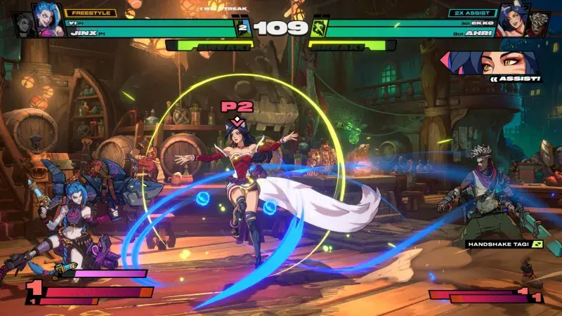 Gameplay screenshot from 2XKO featuring characters Ahri, Jinx, and Ekko fighting in a tavern setting.