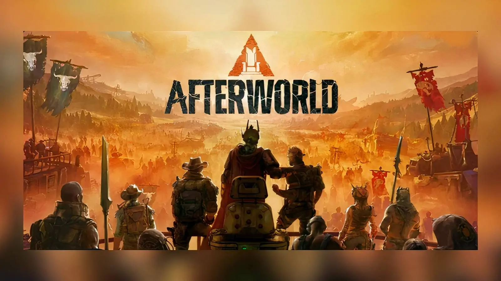 Promotional artwork for Afterworld featuring post-apocalyptic warriors overlooking a vast army camp