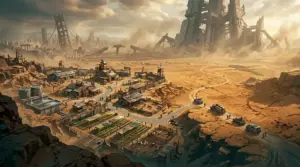 Post-apocalyptic survivor settlement and convoy crossing a ruined North American wasteland in Afterworld