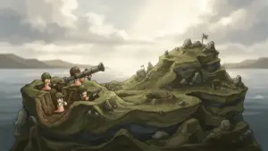Retro Amiga Worms battlefield with cartoon worms defending trenches on a rugged island