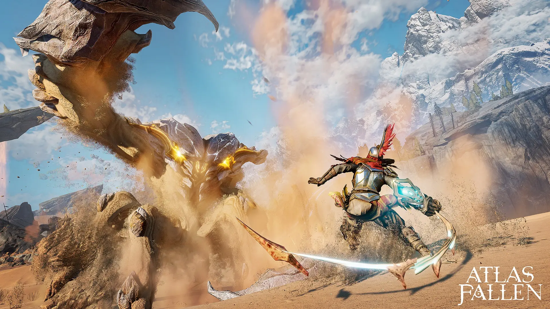A character fighting a giant sandy stone creature in Atlas Fallen