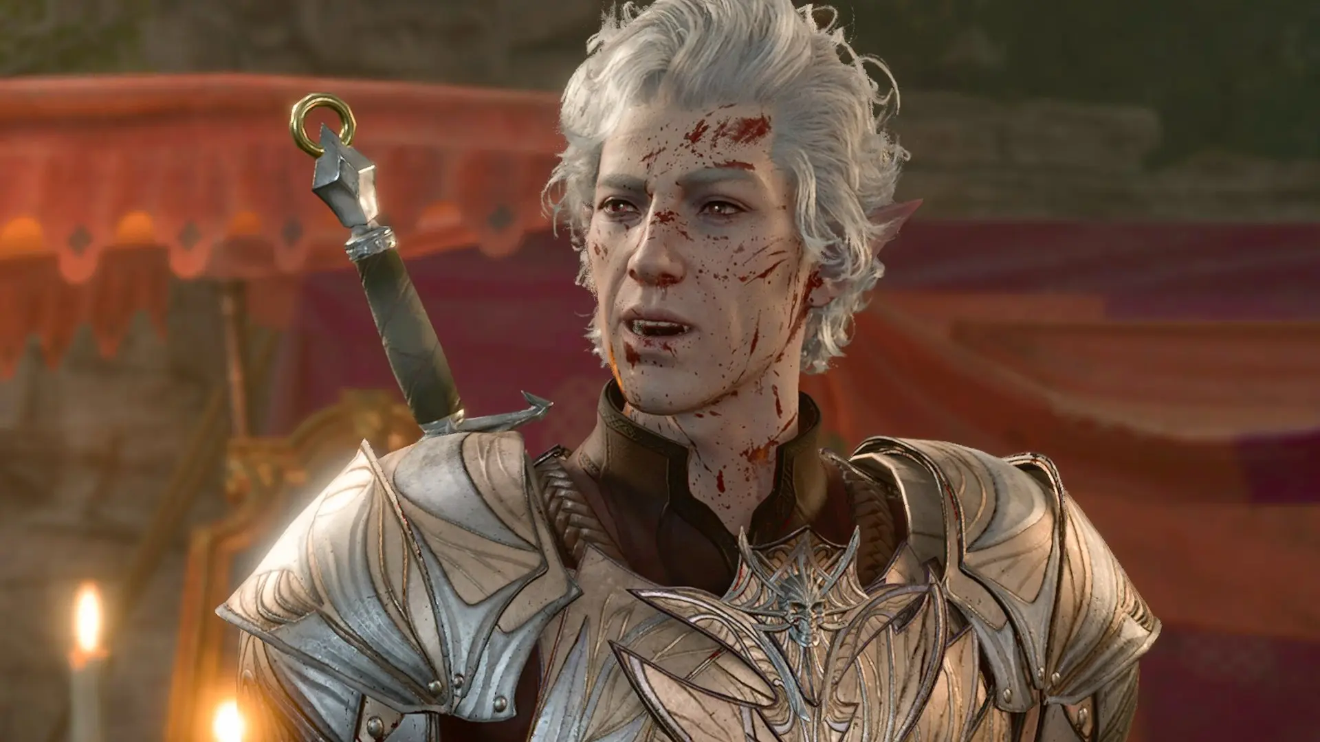 Close-up of Astarion from Baldur's Gate 3 wearing ornate silver armor with blood splatters on his face