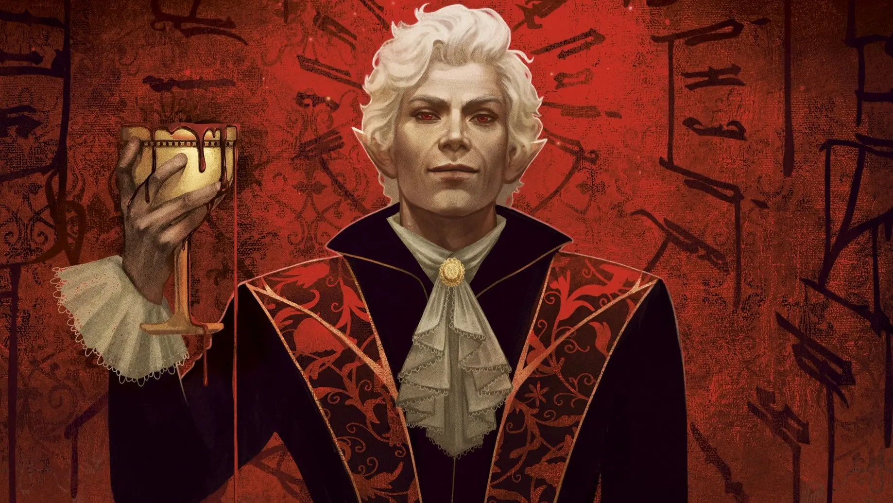 Astarion from Baldur's Gate 3 holding a golden chalice filled with blood against a red background