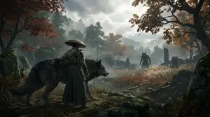 Warrior and beast companion face a supernatural creature in a misty wilderness in Beast of Reincarnation.