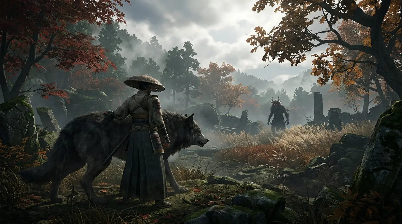 Warrior and beast companion face a supernatural creature in a misty wilderness in Beast of Reincarnation.