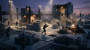 Cinematic tactical multiplayer battle in a changing rooftop training arena