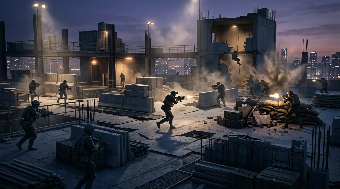 Cinematic tactical multiplayer battle in a changing rooftop training arena