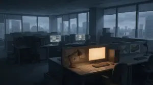 Empty game studio workstations symbolizing repeated layoffs and declining workplace stability
