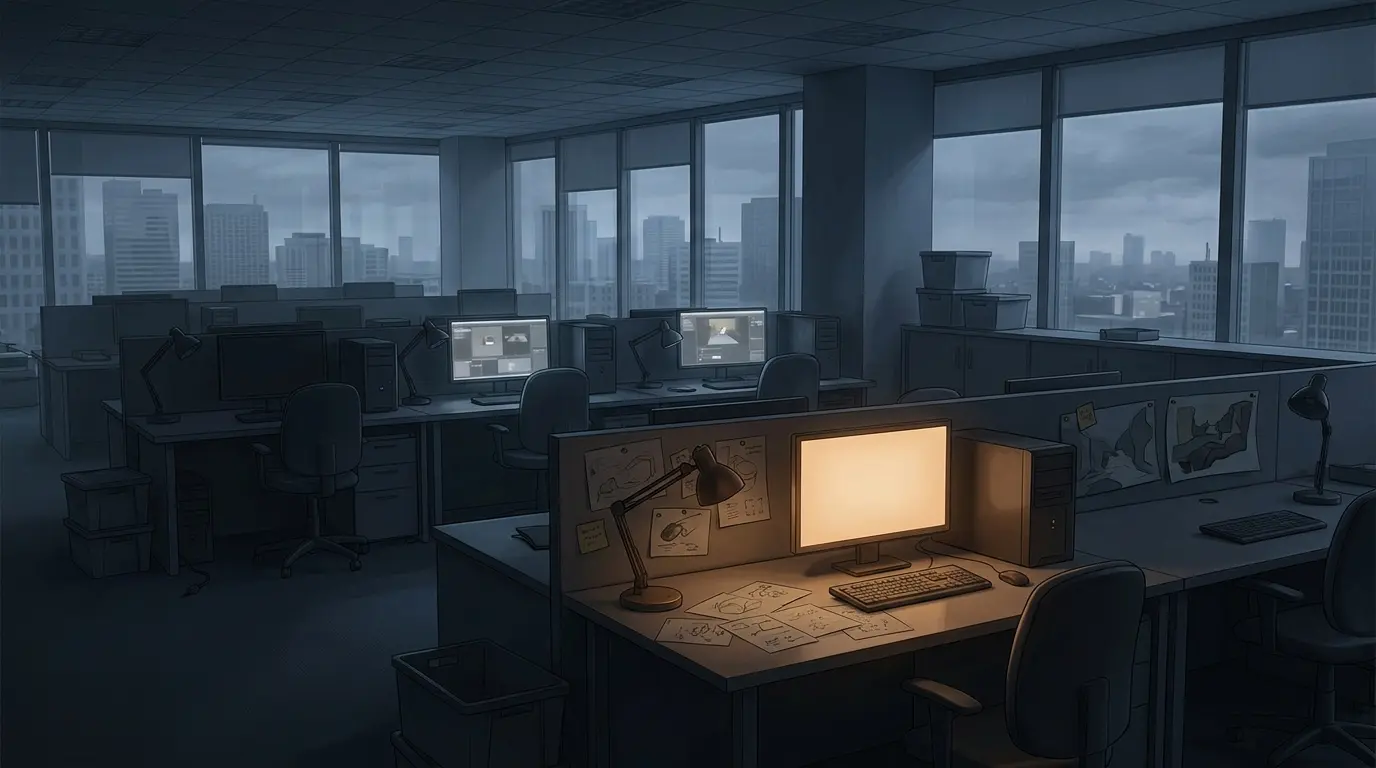 Empty game studio workstations symbolizing repeated layoffs and declining workplace stability
