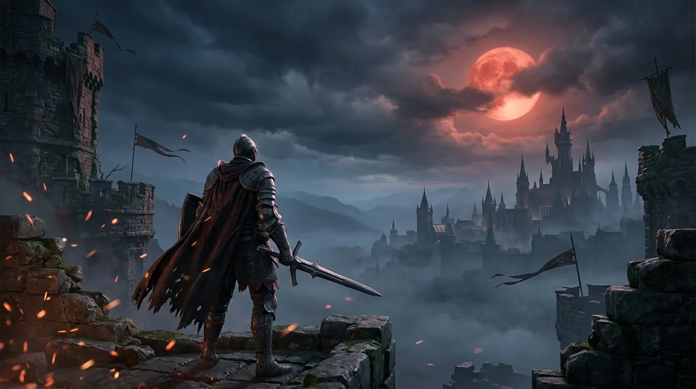 Dark fantasy warrior overlooking a misty valley in Blood of Dawnwalker-inspired game art