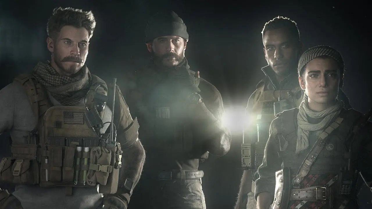 Four soldiers from Call of Duty: Modern Warfare in tactical gear standing against a dark background.