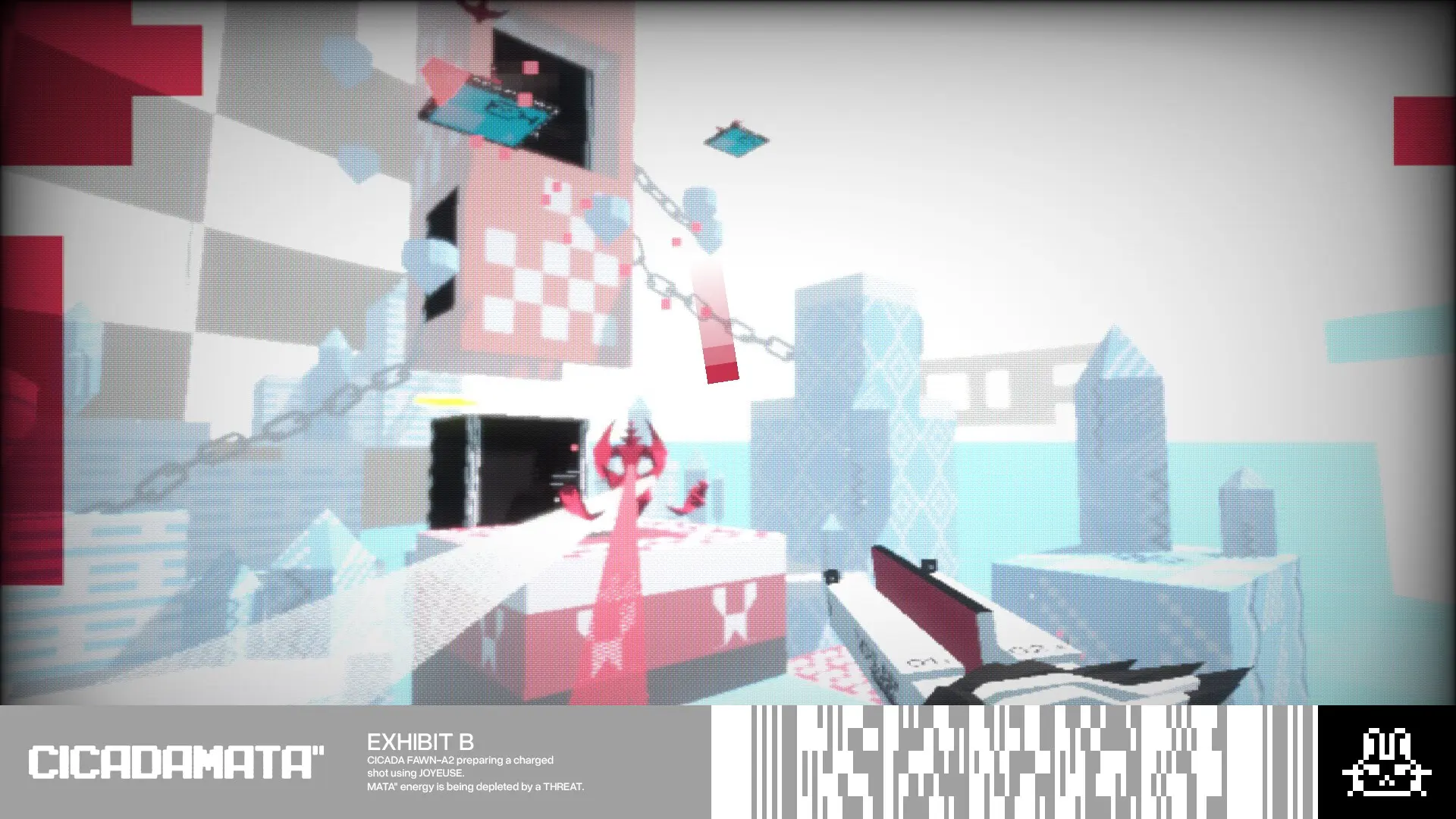 Gameplay screenshot of Cicadamata featuring a stylized red character in a low-poly geometric environment