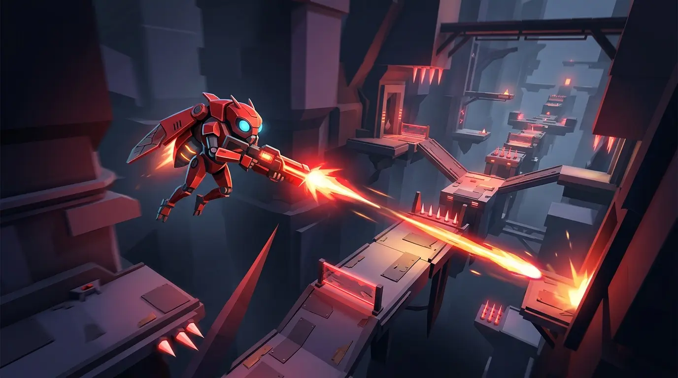 Red combat automaton firing across a geometric platforming arena in Cicadamata