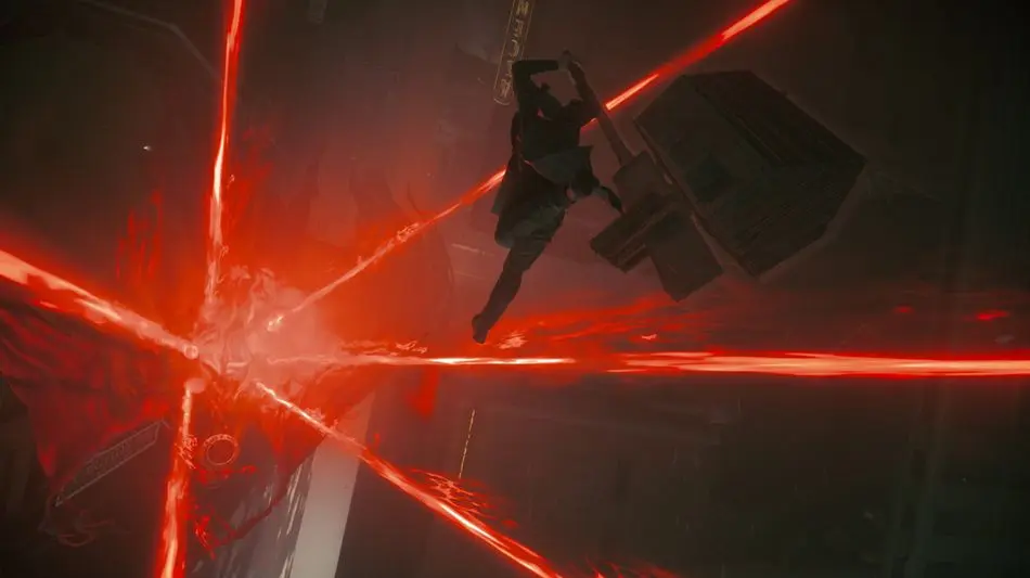 Dynamic action scene from Control showing Jesse fighting a boss with red energy beams