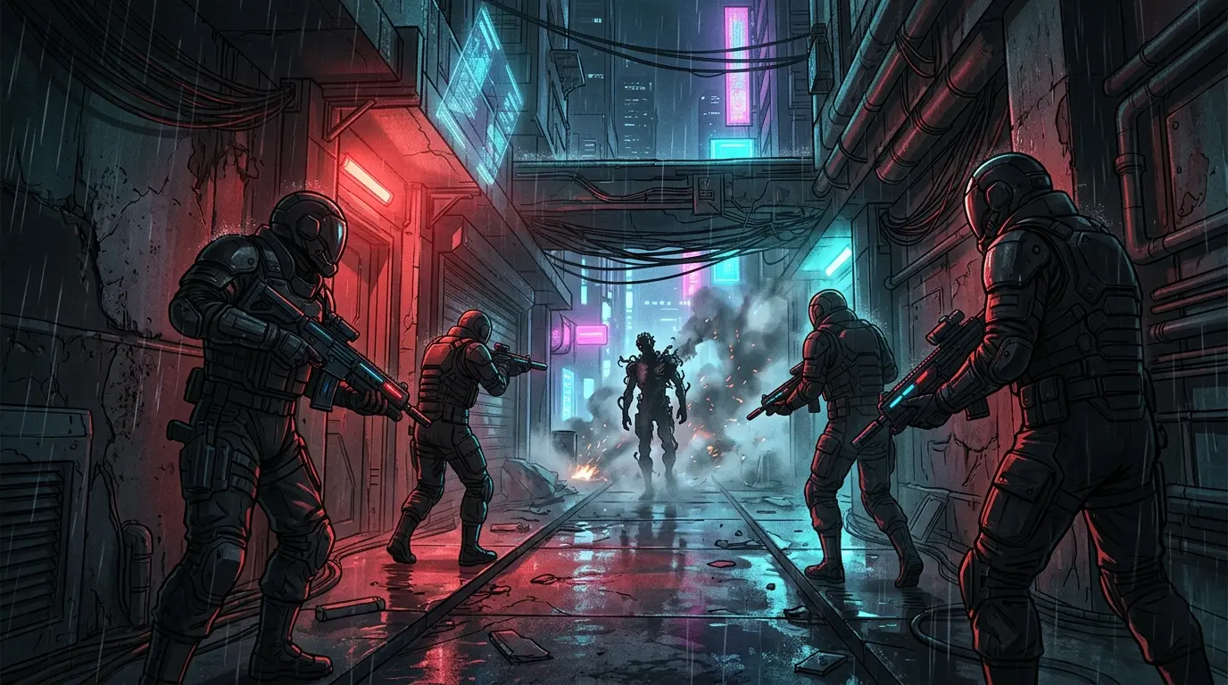 Max-Tac unit confronting a cybernetic threat in the neon-lit streets of Night City