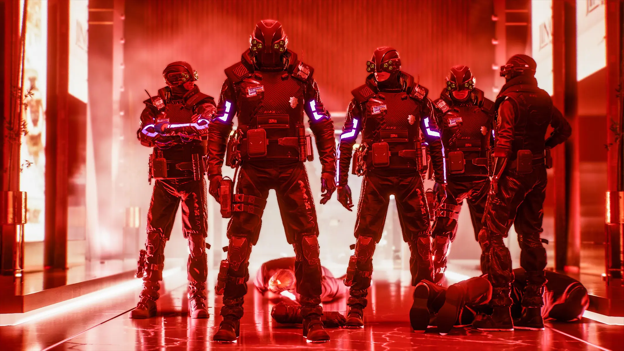 Squad of Max Tac officers in heavy black armor and helmets standing in a red-lit corridor