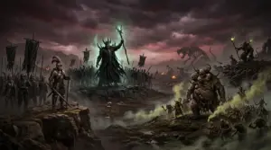 Four dark fantasy lords gather on a battlefield in Total War: Warhammer III