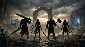 Four armored fantasy warriors stand among ruins in a dark cinematic scene inspired by Darksiders 4.