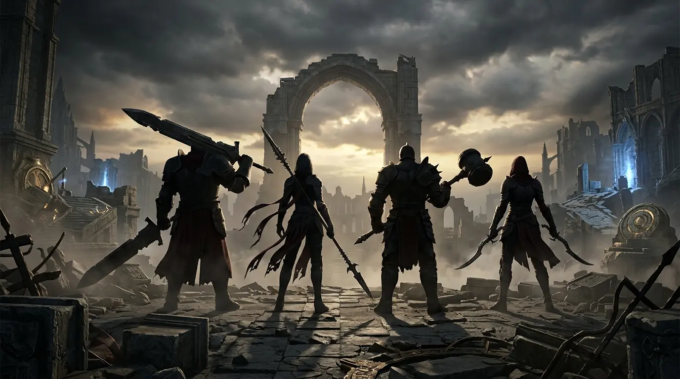 Four armored fantasy warriors stand among ruins in a dark cinematic scene inspired by Darksiders 4.