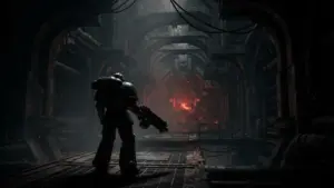 Armored space marine facing a mysterious machine in a dark gothic sci-fi dimension