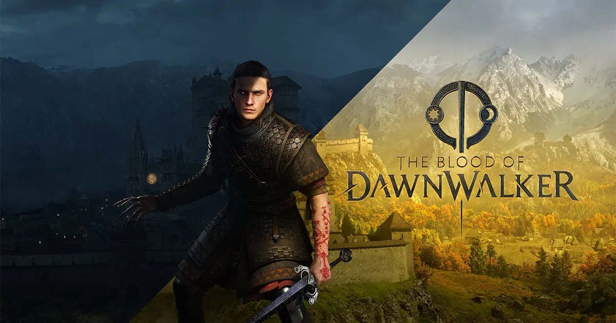 Promotional art for The Blood of Dawnwalker featuring a male warrior with a sword against a split landscape.