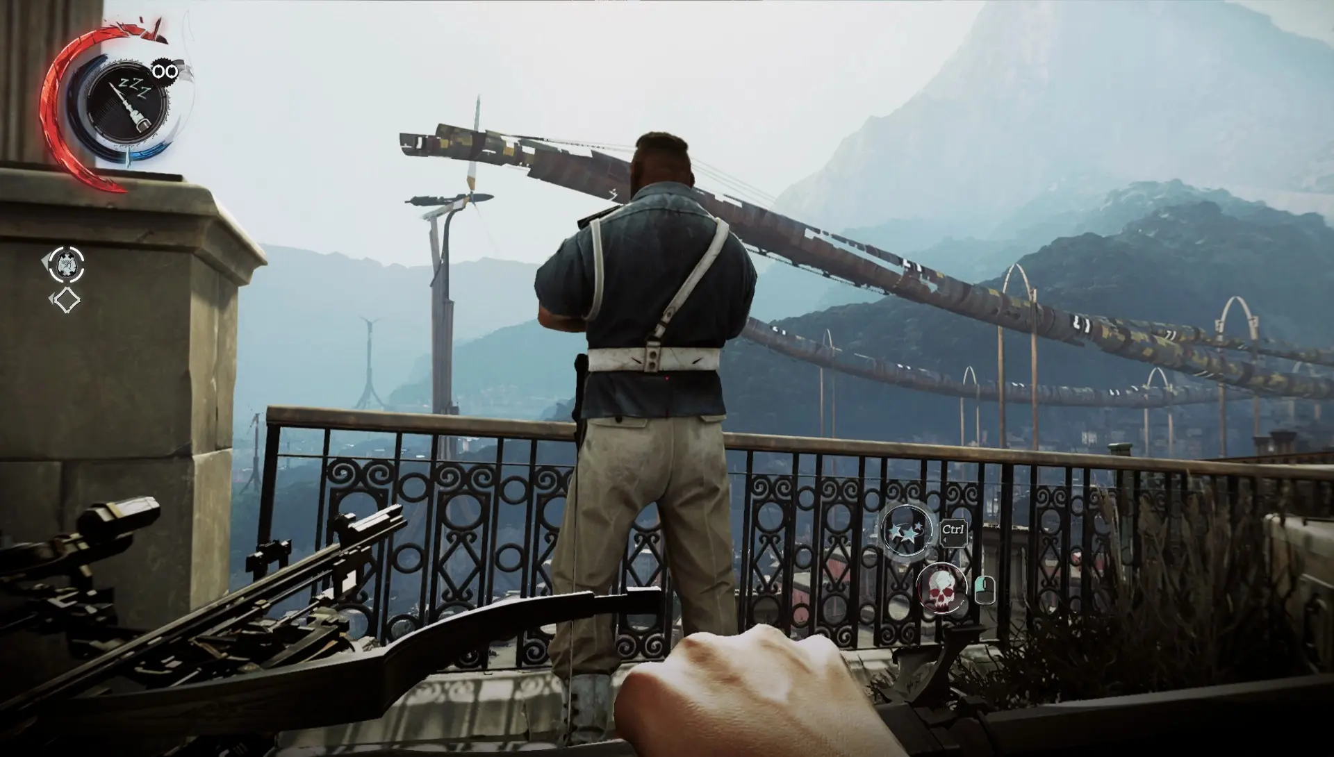 First-person perspective of a character aiming a crossbow at a guard on a balcony in Dishonored 2