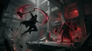 Dylan Faden battles a masked Resonant boss with a transforming melee weapon in Control Resonant.