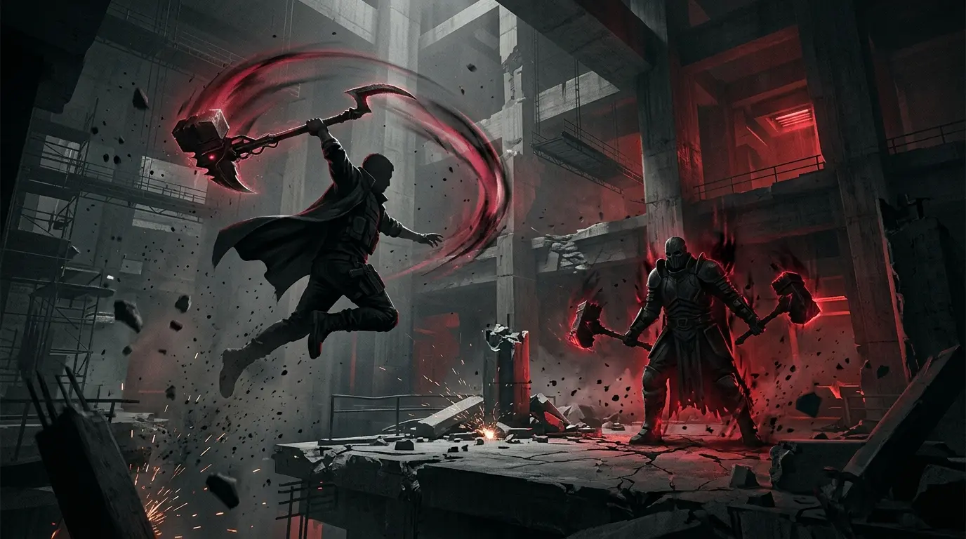 Dylan Faden battles a masked Resonant boss with a transforming melee weapon in Control Resonant.