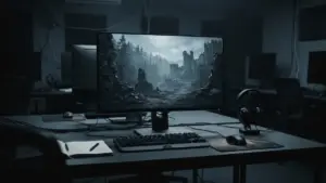 Puste stanowisko deweloperskie z mrocznym fantasy na ekranie, symbolizujące redukcję zespołu Project Sirius
