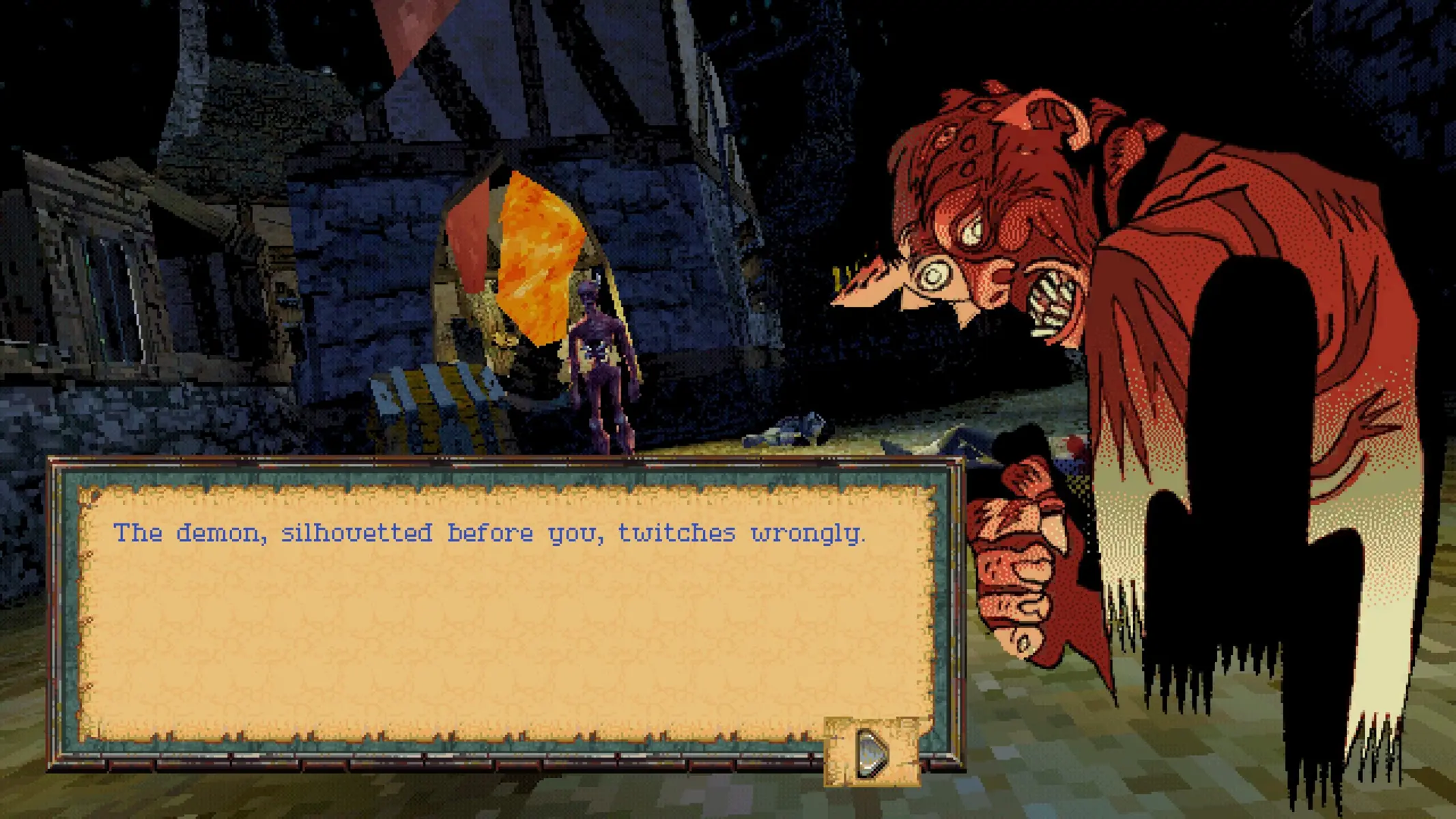 Gameplay screenshot of Entropy Lovely Hellplace showing a red demon and a text box describing it.