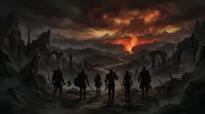 Mercenary party crossing a dying fantasy landscape toward a glowing infernal rift in Entropy