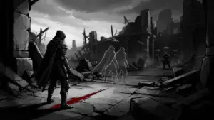 Black-and-white tactical RPG battlefield with a crimson blood effect and warrior manipulating the flow of combat