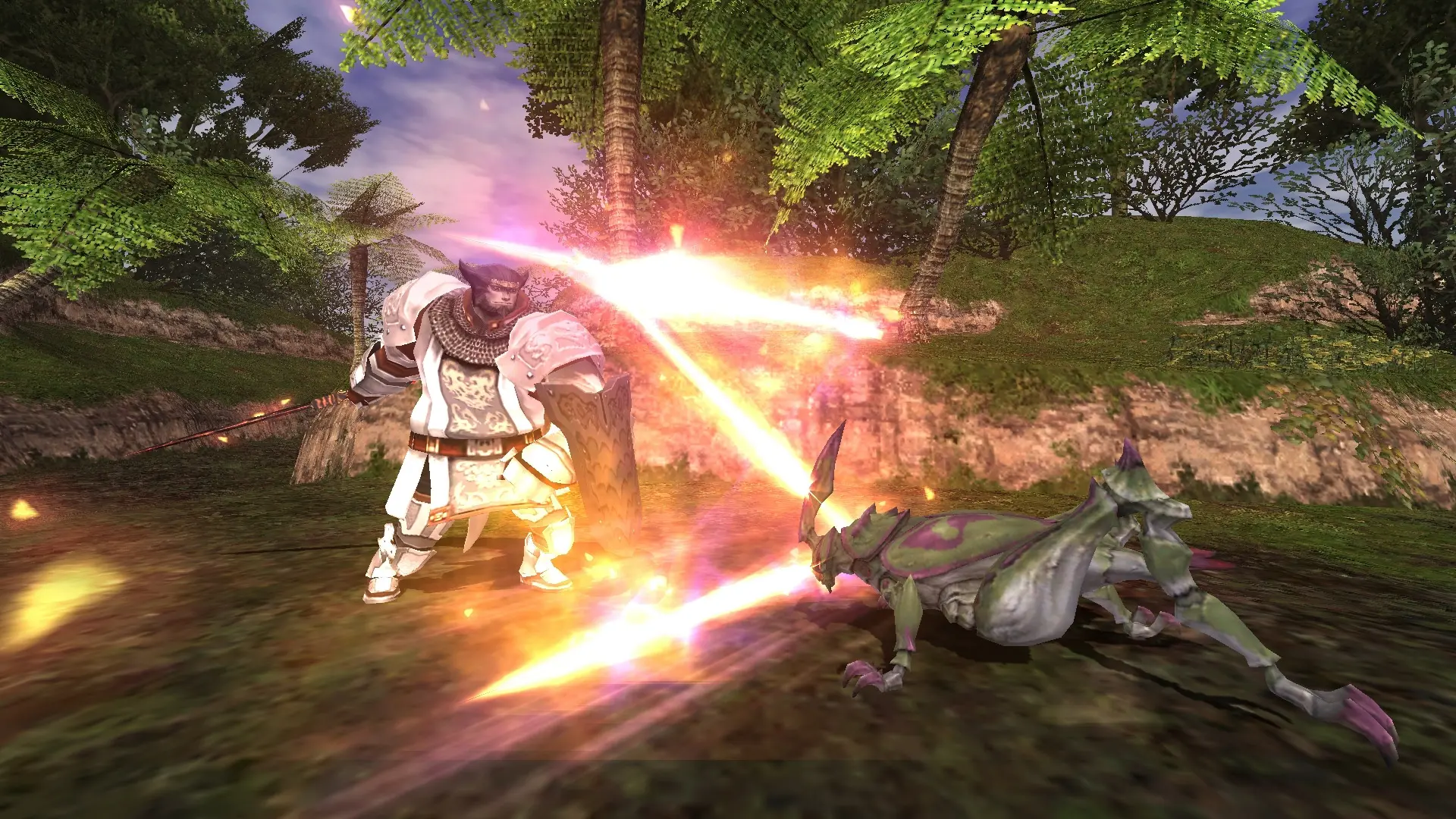A player character in white armor fighting a large insect-like monster in a tropical forest in Final Fantasy XI