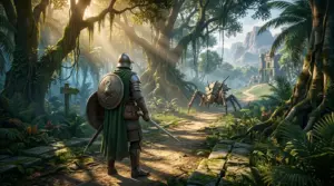 Armored adventurer facing a monster in a tropical Final Fantasy XI-inspired game world
