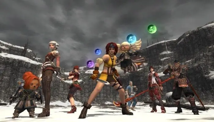 A group of diverse Final Fantasy XI Trust NPC companions standing in a snowy mountain landscape.