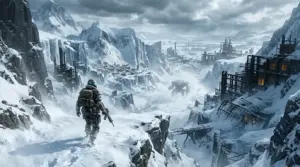 Frozen mountain map with a raider approaching an abandoned settlement and giant combat machine in ARC Raiders
