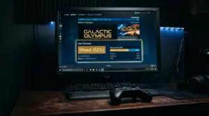 Steam user reviews showing Mixed rating on gaming monitor with controller on desk