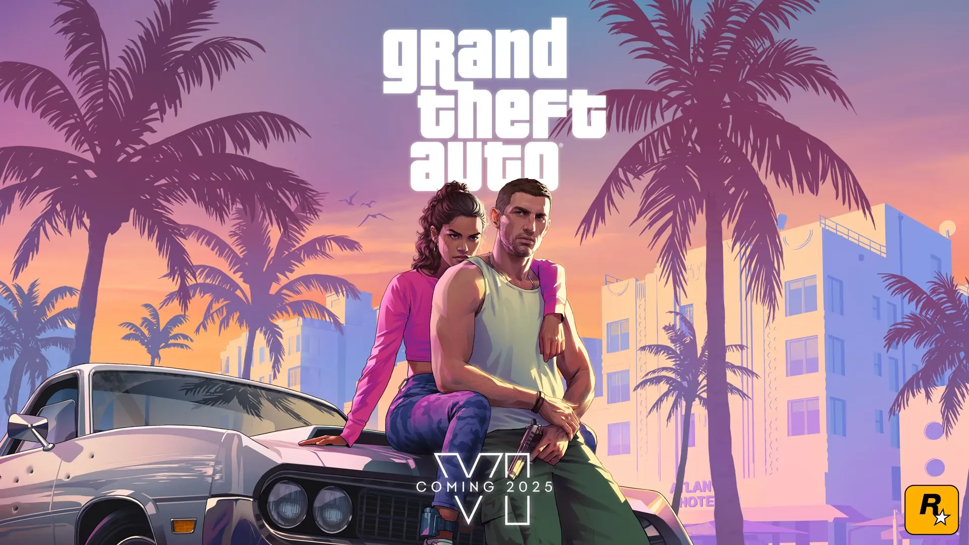 Grand Theft Auto VI promotional artwork featuring a man and woman leaning on a classic car with palm trees