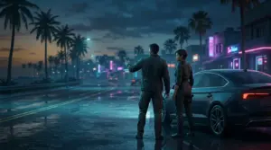 Two game protagonists stand beside a car on a neon-lit tropical road, symbolizing an optional partnership in GTA 6.