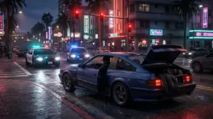Nocna ucieczka samochodem przed policją w Vice City, z widocznym bagażnikiem i zapasowym ubraniem