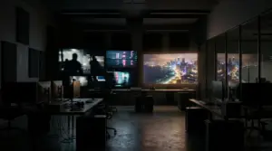 Cinematic gaming studio scene symbolizing the GTA VI leak and upcoming official reveal