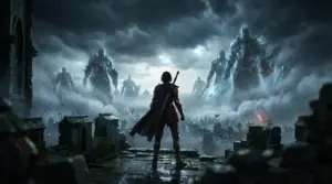 Silhouetted warrior faces colossal spectral knights in a stormy Arthurian fantasy battlefield