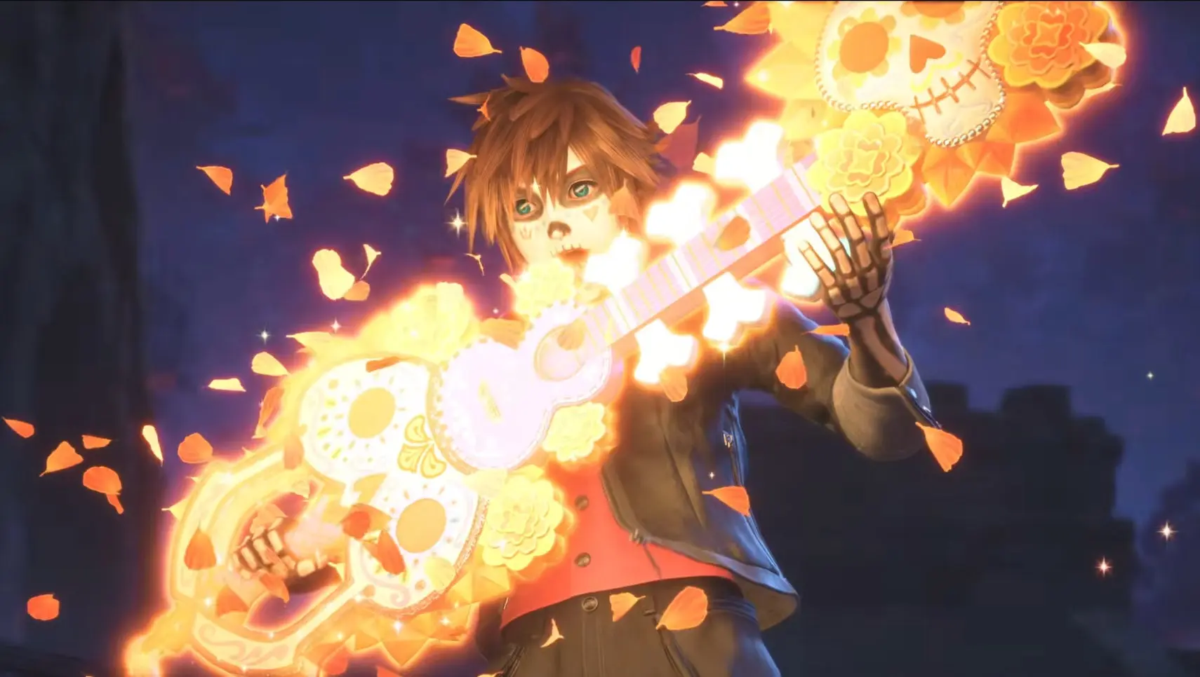 Sora with skull face paint holding a guitar-shaped Keyblade inspired by the movie Coco