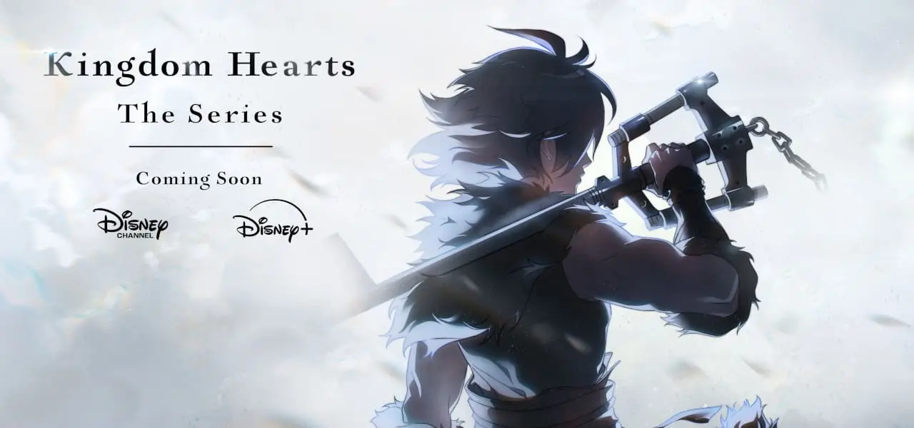 Promotional art for Kingdom Hearts The Series featuring Sora with a Keyblade and Disney Plus logo