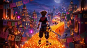 Sora with a guitar-shaped Keyblade in the colorful Land of the Dead from Kingdom Hearts IV