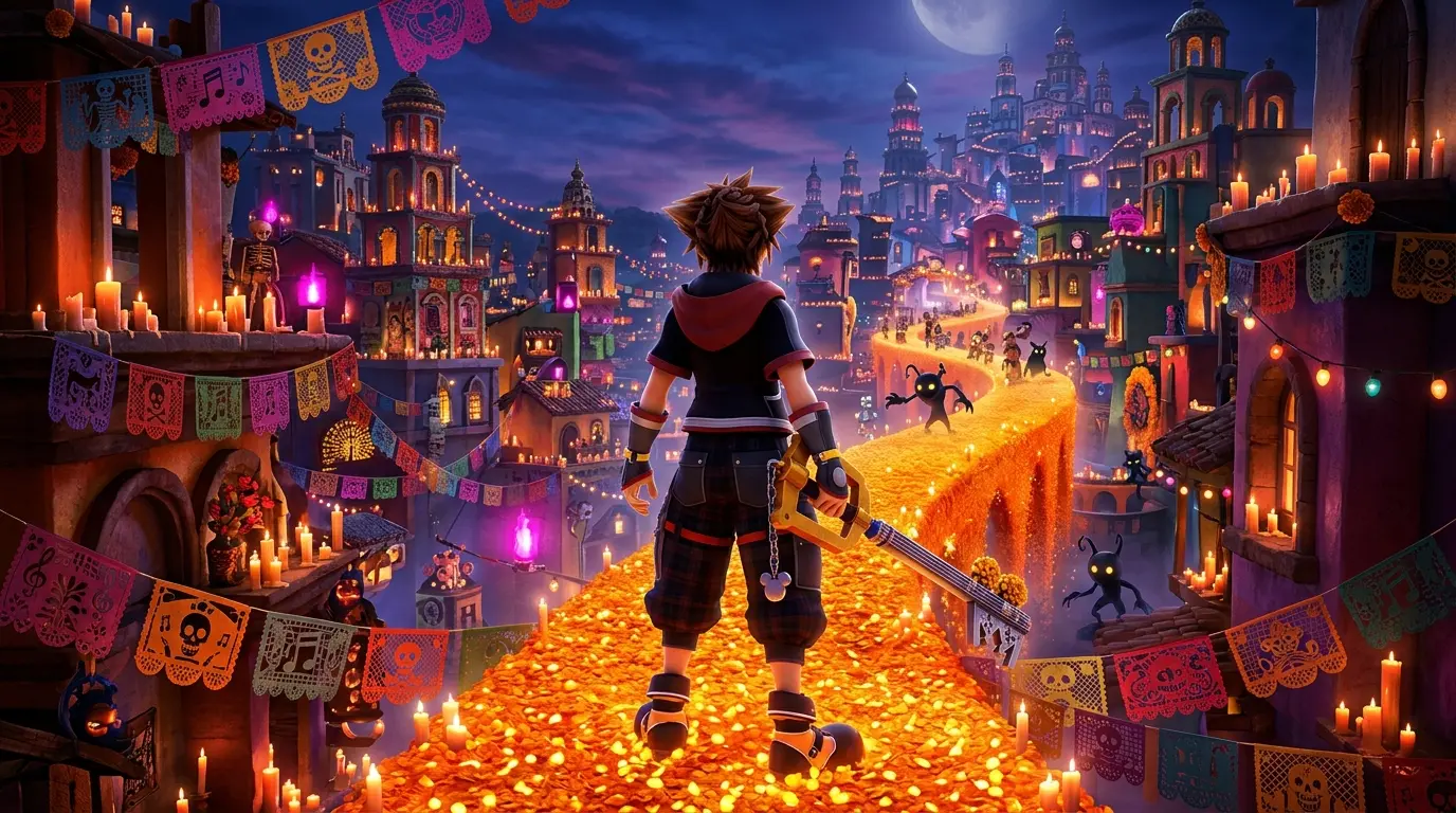 Sora with a guitar-shaped Keyblade in the colorful Land of the Dead from Kingdom Hearts IV
