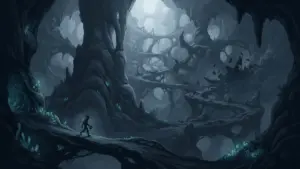 Tiny alien explorer traversing a glowing labyrinthine planet after a crashed spacecraft